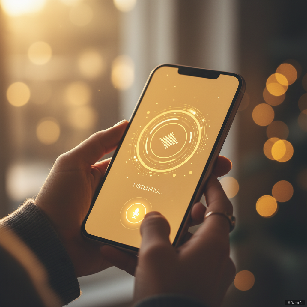 photorealistic close-up of a person holding a smartphone with an AI voice assistant interface glowing on screen, warm golden lighting, soft bokeh background