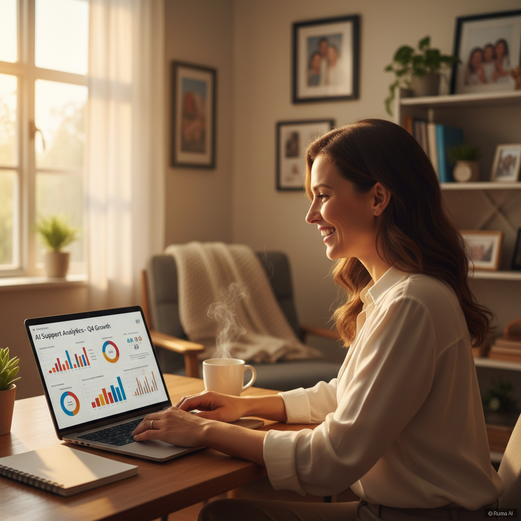photorealistic scene of a smiling small business owner at a laptop reviewing AI support analytics, warm golden lighting, cozy home office background