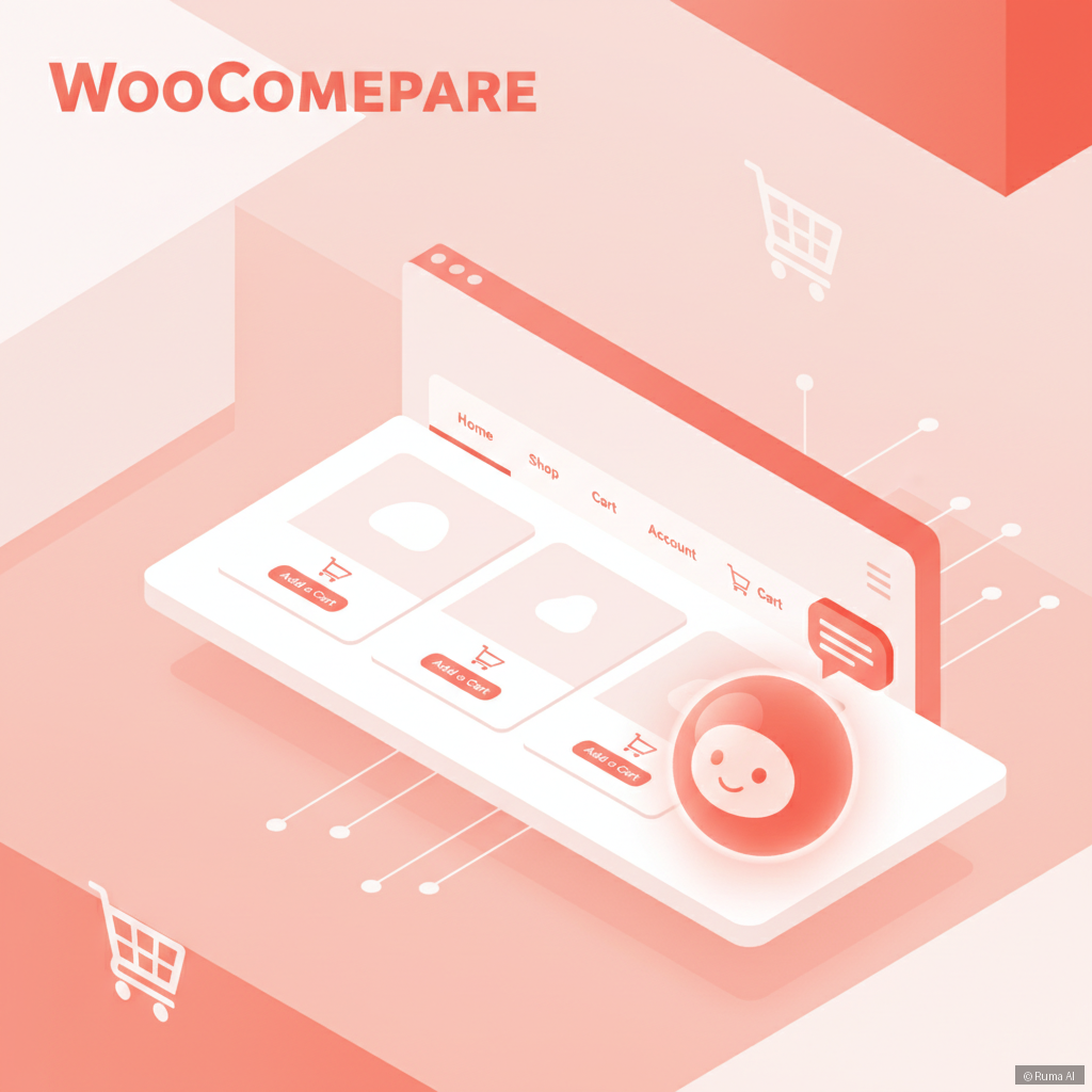 isometric 3D illustration of an AI chatbot embedded in a WooCommerce store interface, coral and white color palette, clean minimal design with shopping cart icons