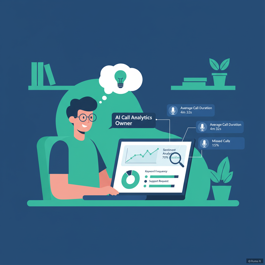 flat vector illustration of a small business owner reviewing AI call analytics on a laptop dashboard, deep blue and emerald green palette, clean infographic style