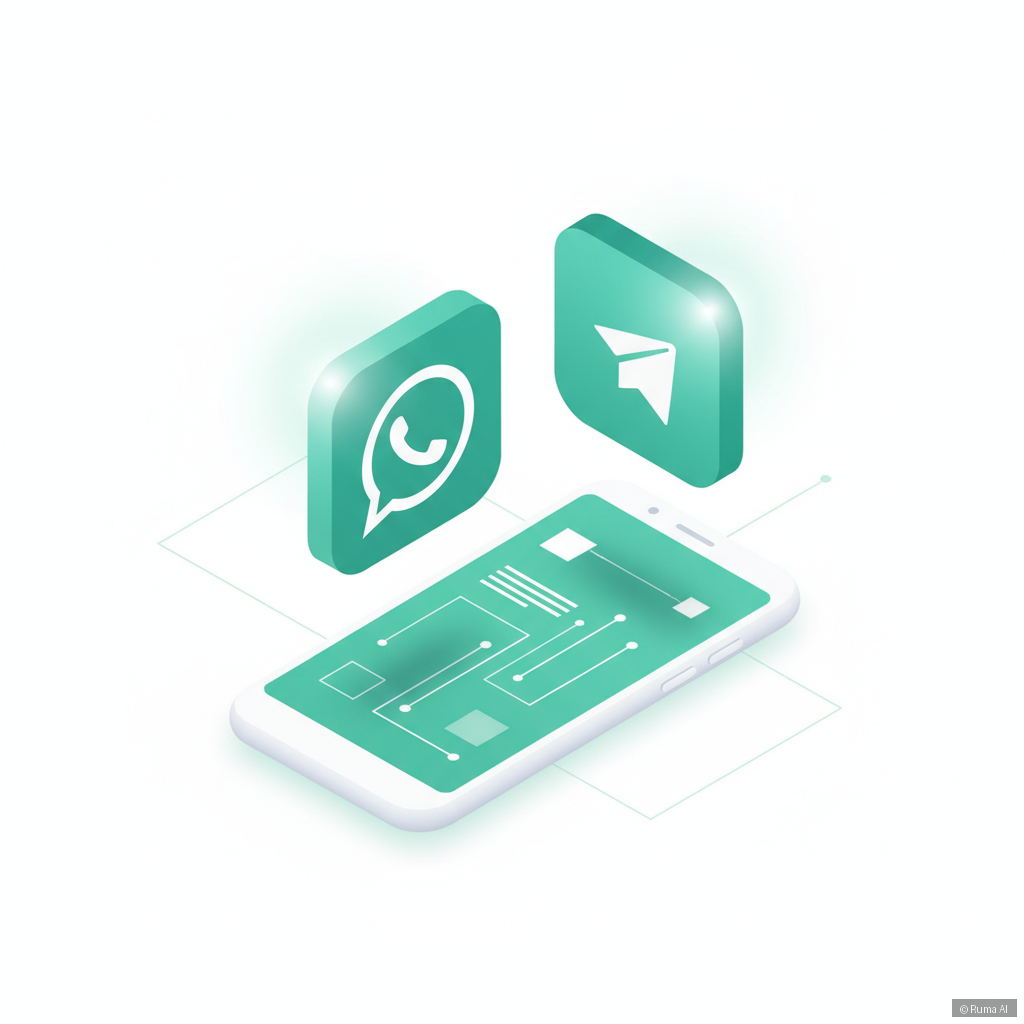 isometric 3D illustration of WhatsApp and Telegram icons floating above a smartphone, emerald green and white palette, clean minimal tech style