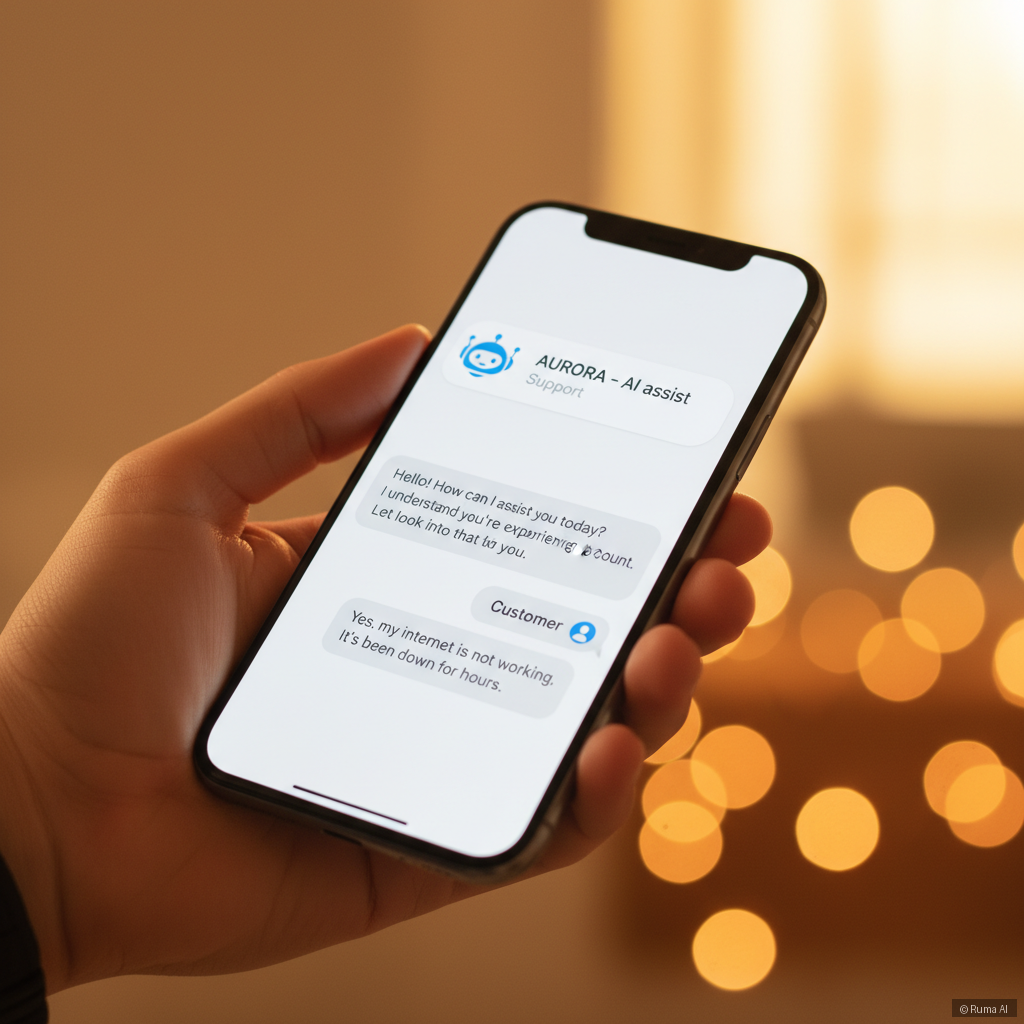 photorealistic hand holding a smartphone showing a live AI chat conversation with a customer support agent, warm golden lighting with soft bokeh background