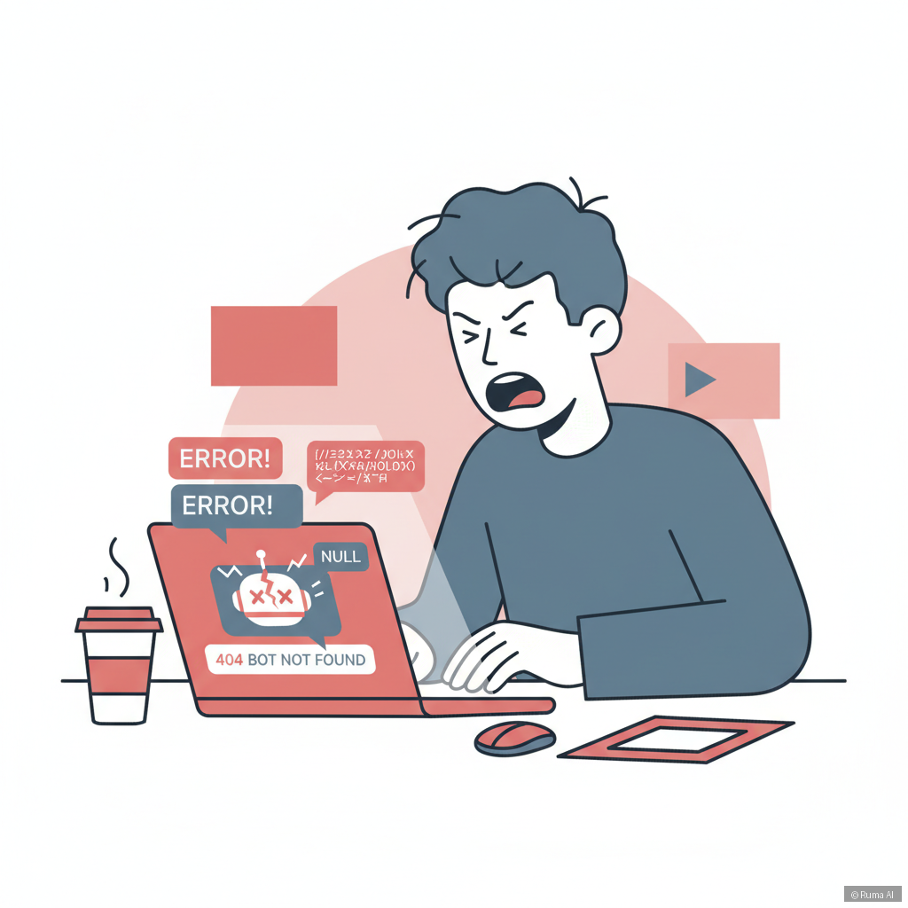 flat vector illustration of a frustrated customer at laptop with a broken chatbot on screen, muted red and slate blue palette, clean minimal design