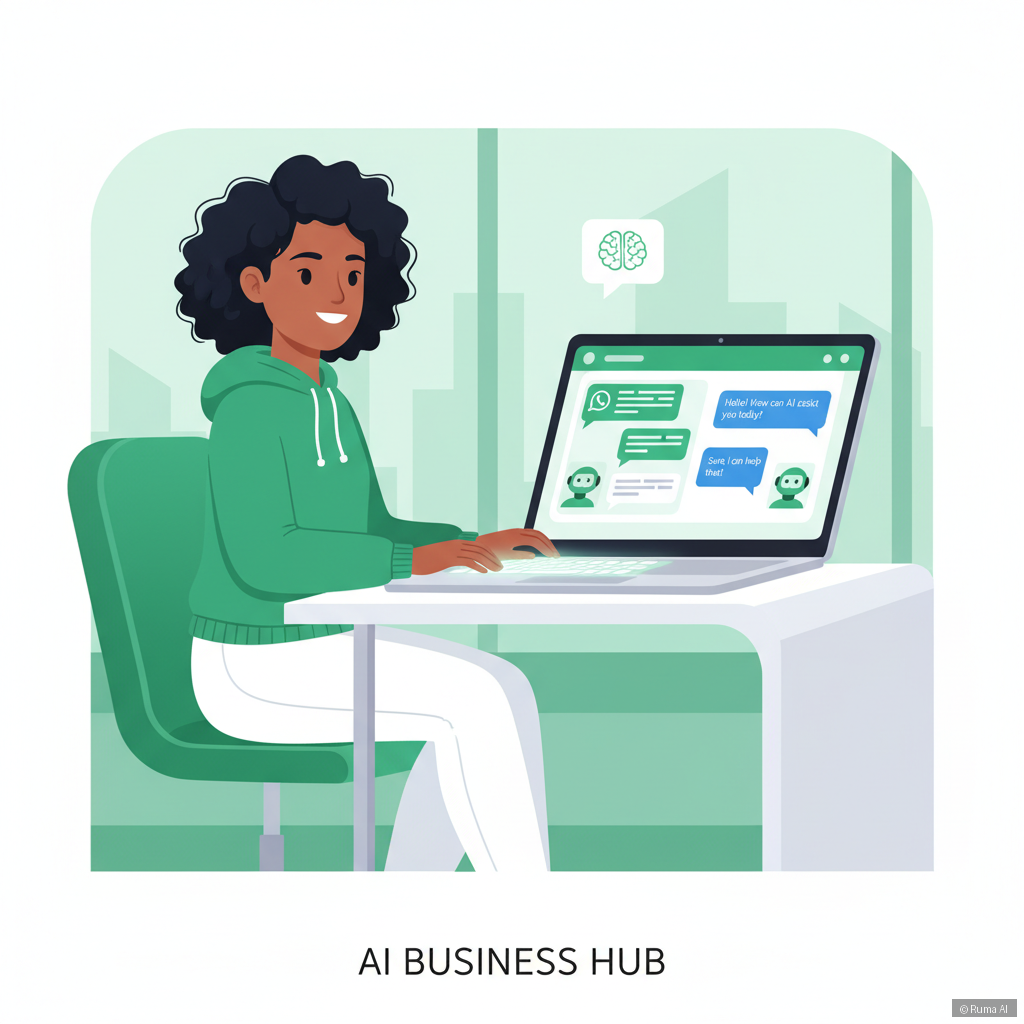 flat vector illustration of a small business owner at a desk, viewing AI chat conversations from WhatsApp and Telegram on a laptop dashboard, emerald green and white color scheme, modern and approachable