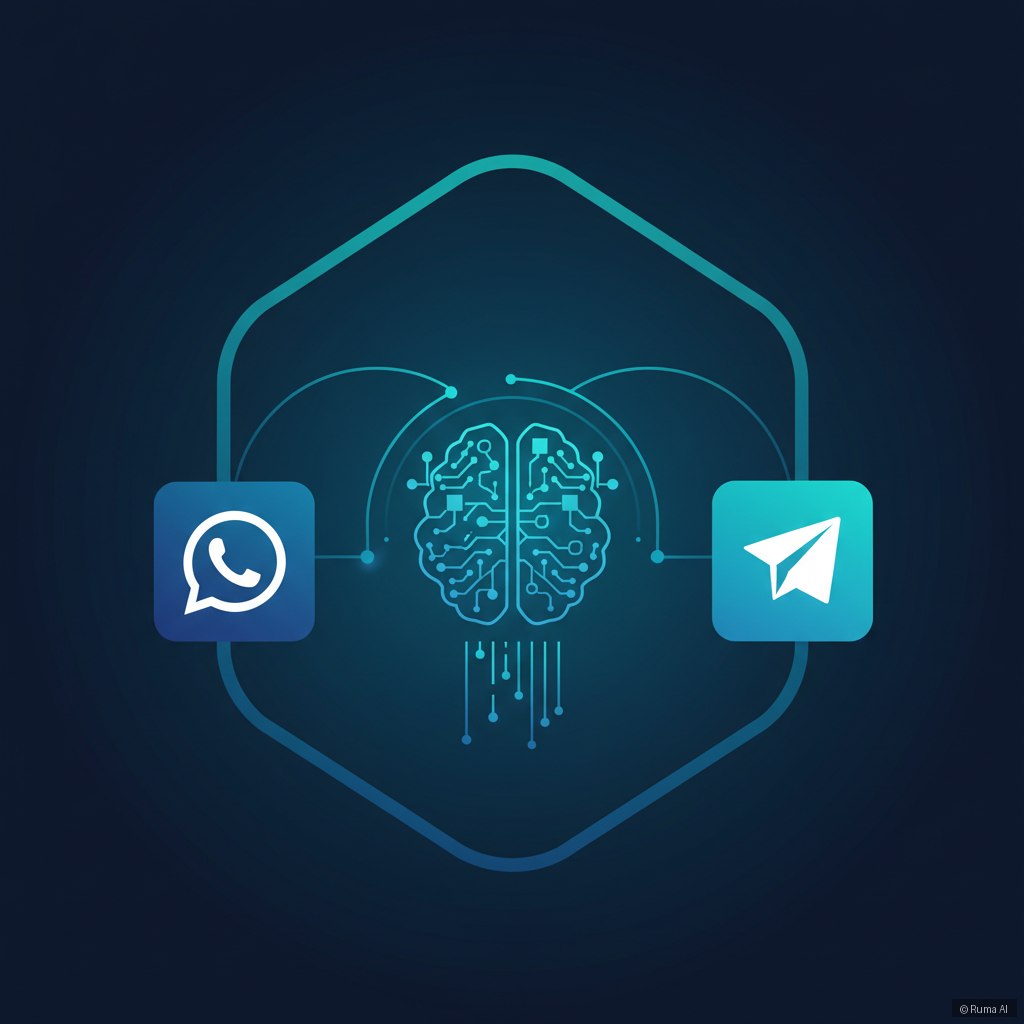 flat vector illustration of WhatsApp and Telegram icons connected to an AI brain node, deep blue and teal color palette, clean modern style