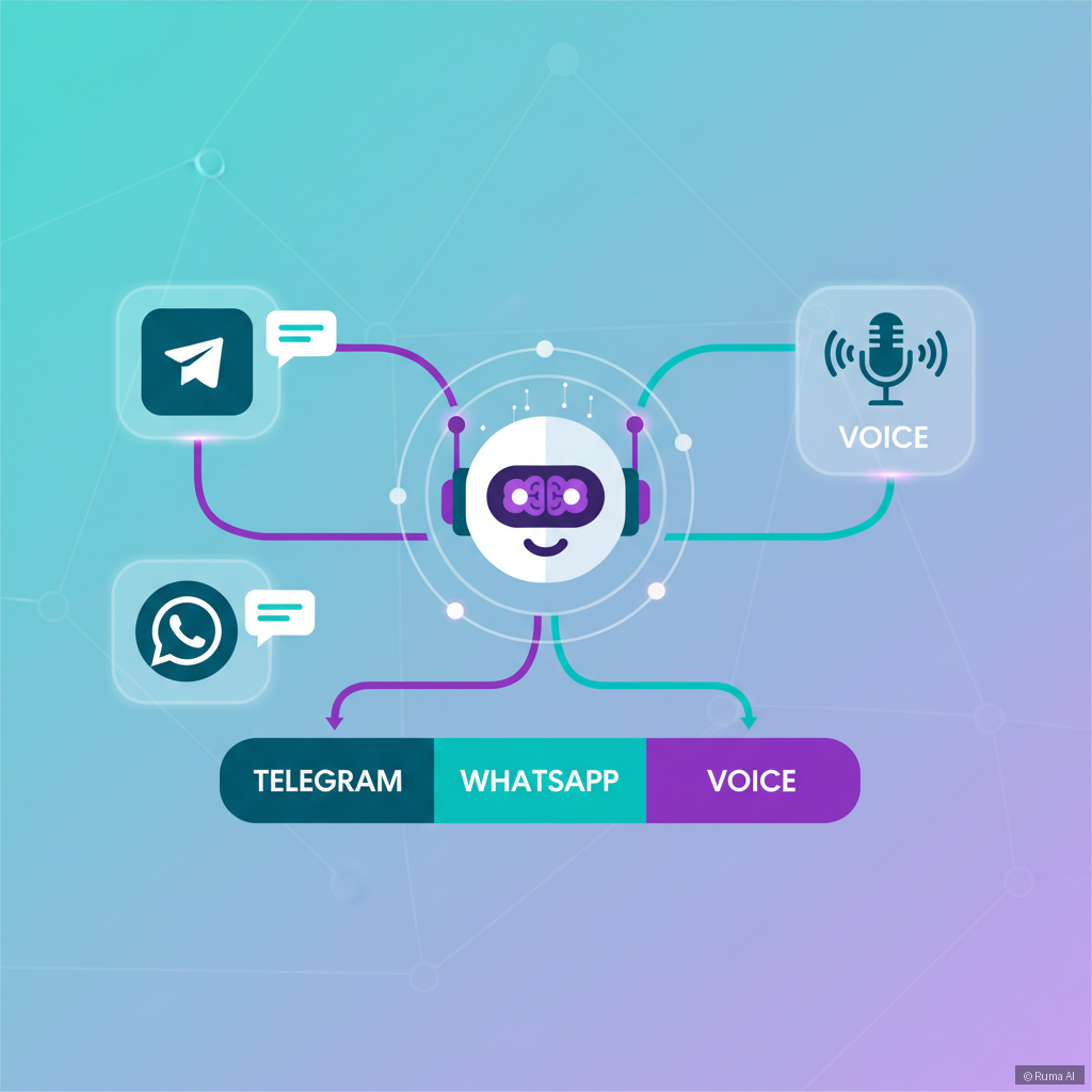 flat vector illustration of an AI agent routing phone calls and chat messages across multiple channels — Telegram, WhatsApp, and voice — with a teal and violet color palette, clean infographic style