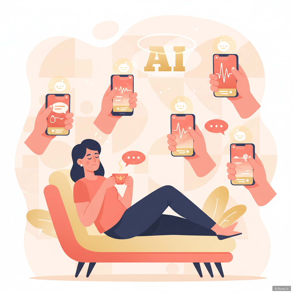 flat vector illustration of a business owner relaxing while AI handles multiple phone calls simultaneously, warm coral and gold palette, friendly and modern style