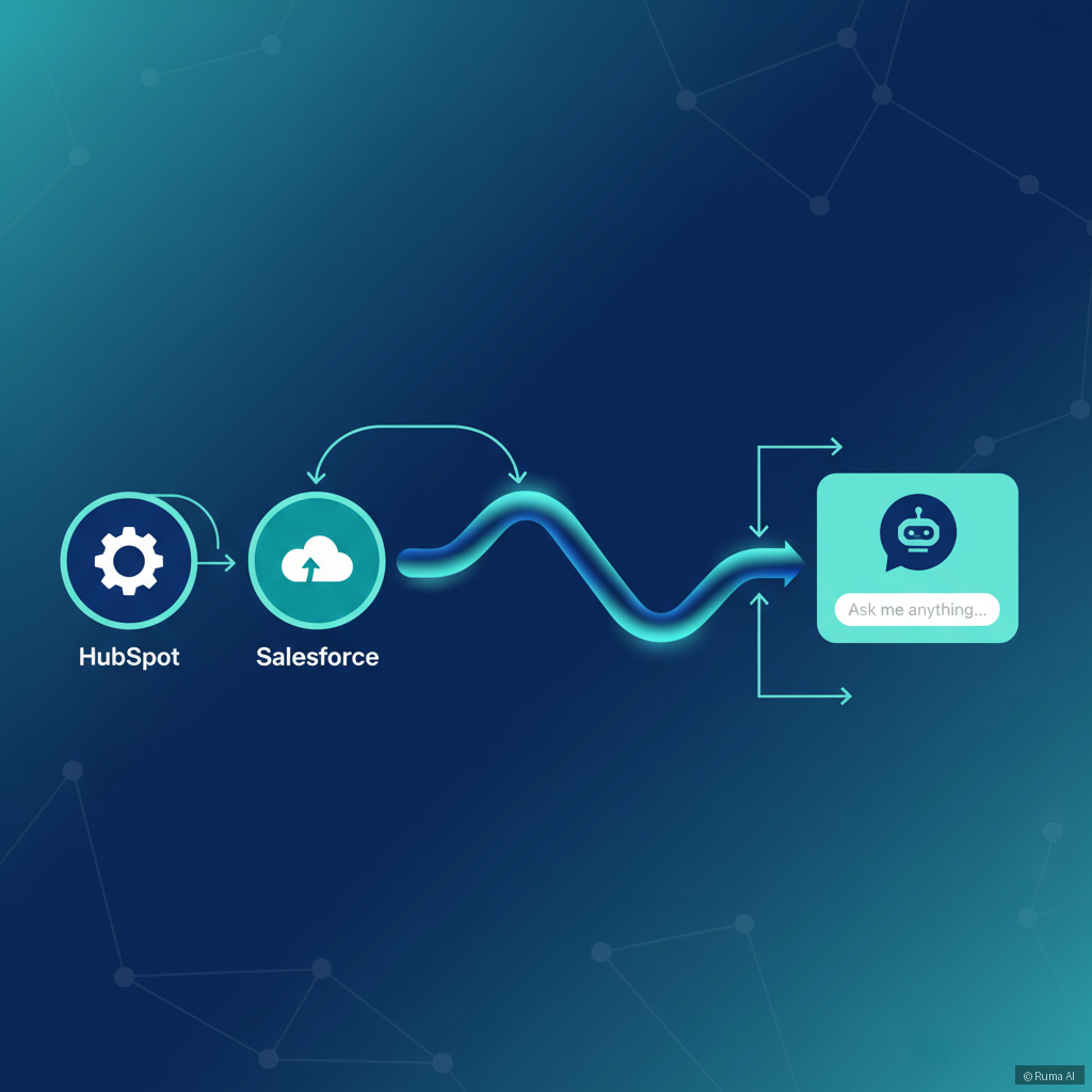 flat vector illustration of data flowing between CRM systems and AI chatbot, deep blue and teal palette, clean modern style