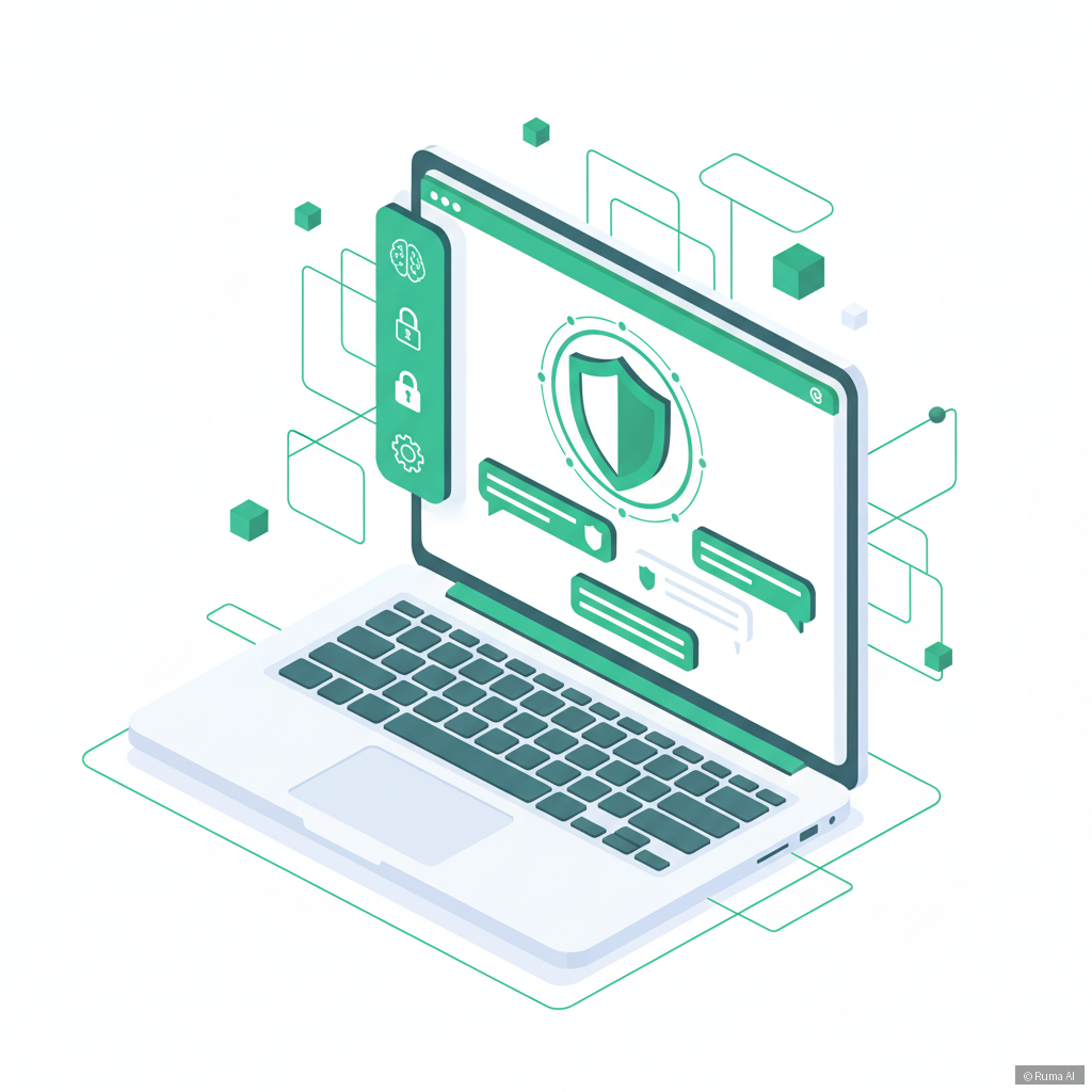isometric 3D illustration of a secure AI chatbot interface on a laptop screen, emerald green and white color palette, with shield icons and chat bubbles, clean minimal style