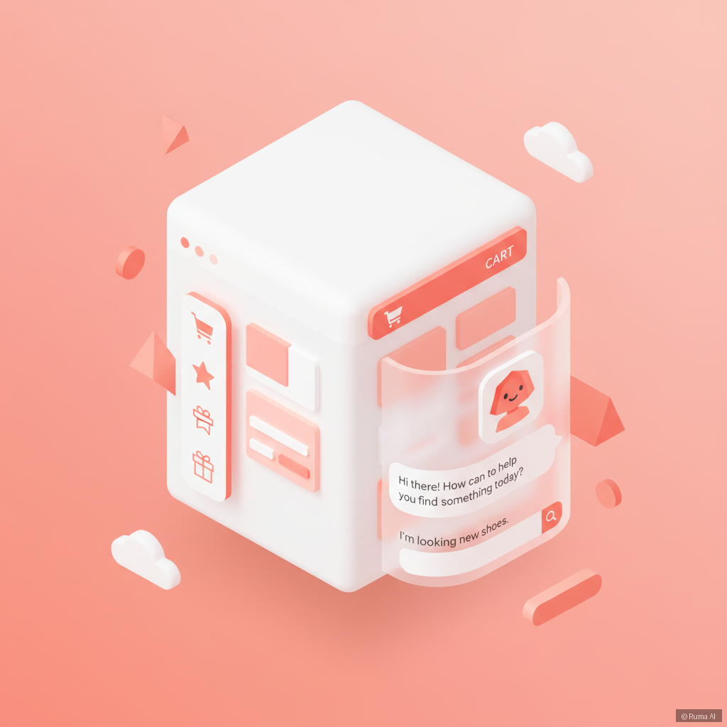 isometric 3D illustration of AI chatbot interface on a Shopify storefront, coral and white color palette, clean minimal design with shopping cart icons