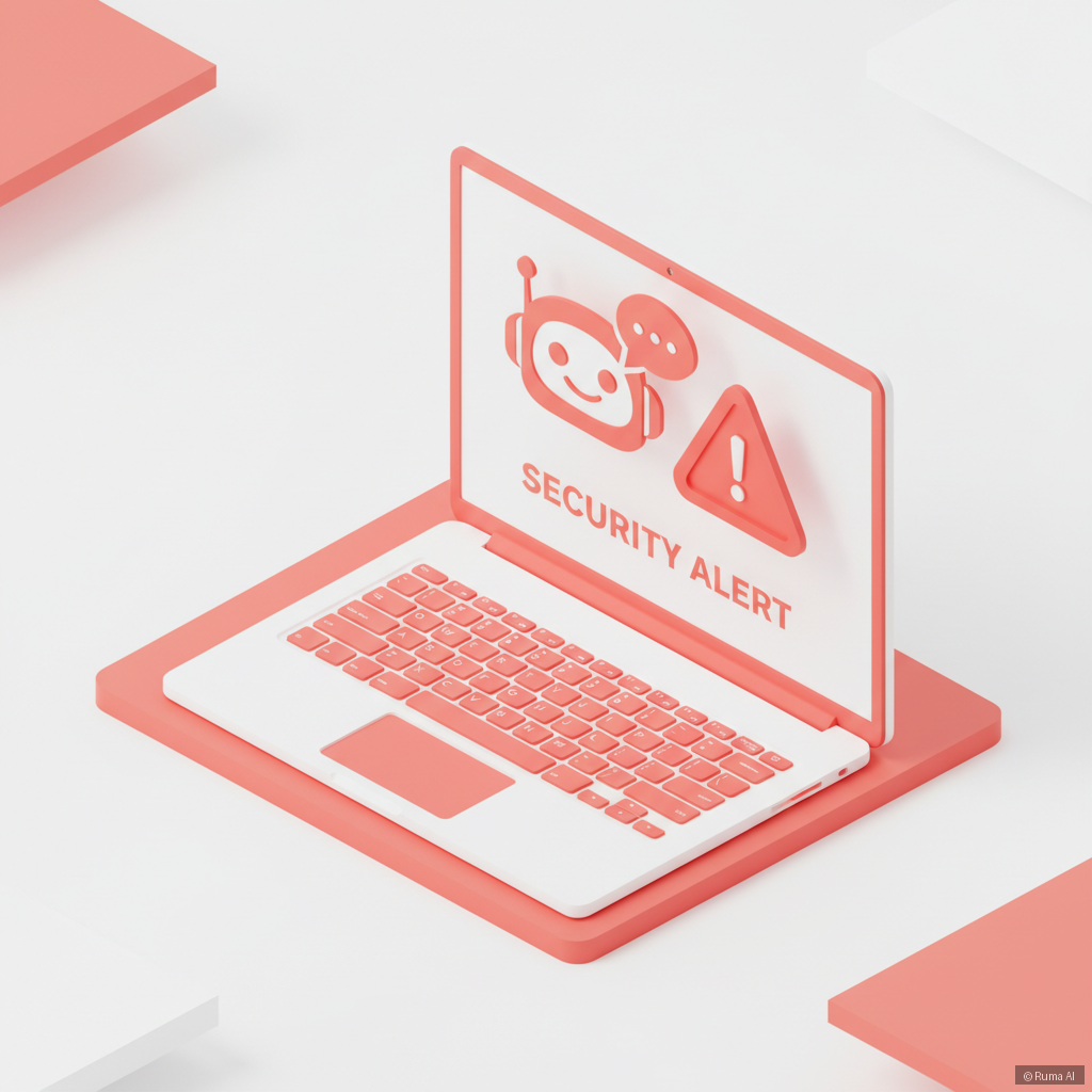 isometric 3D illustration of a chatbot on a laptop screen with a warning icon, coral and white color palette, clean minimal style