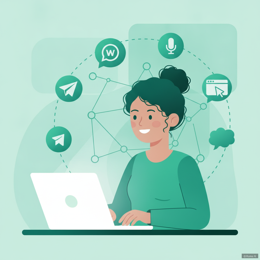 flat vector illustration of a small business owner on a laptop with AI support channels floating around — WhatsApp, Telegram, voice, web chat — emerald green and teal palette, modern and friendly