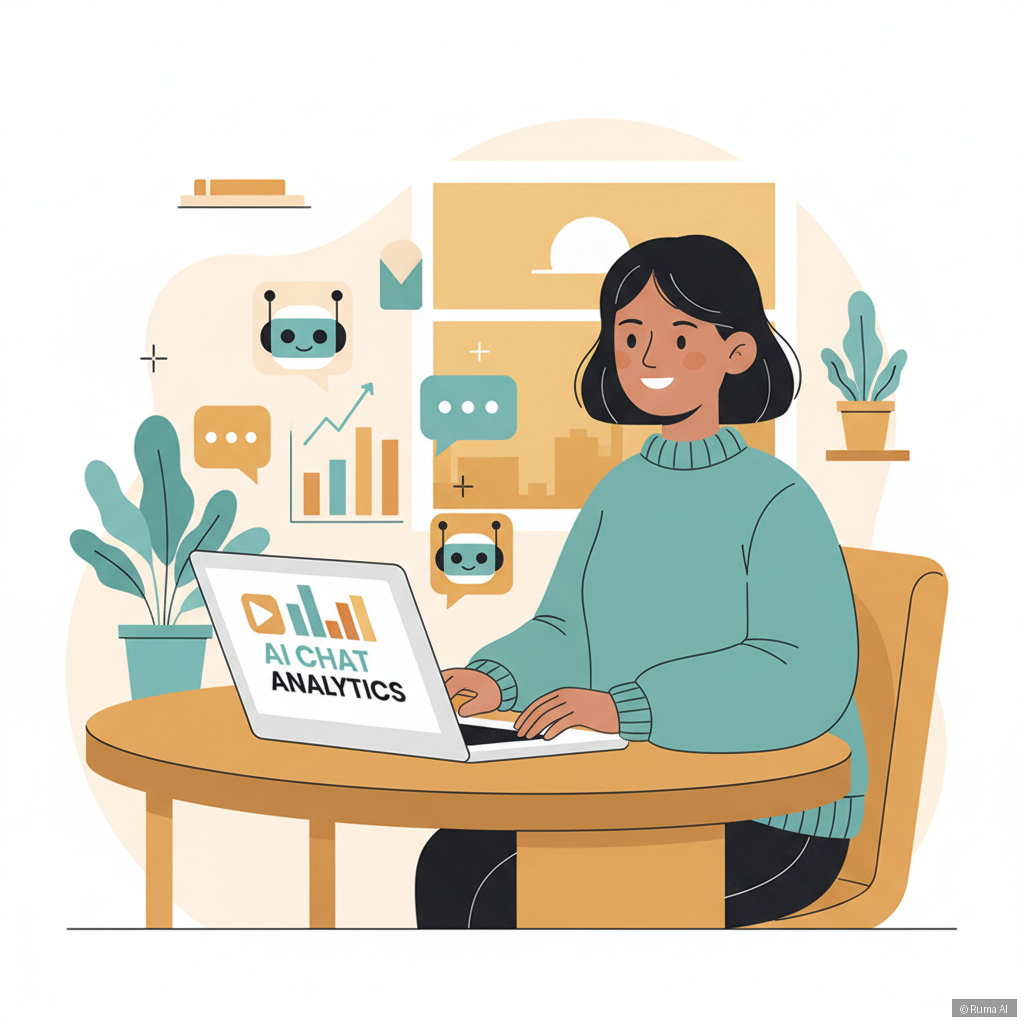 flat vector illustration of a small business owner at a desk reviewing AI chat analytics on a laptop, warm golden and teal color palette, friendly modern style