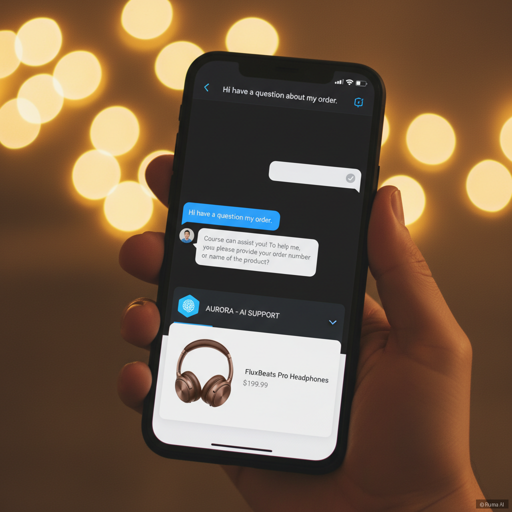 photorealistic hand holding smartphone showing a live chat conversation with an AI support agent, warm golden lighting, soft bokeh background, e-commerce product visible on screen