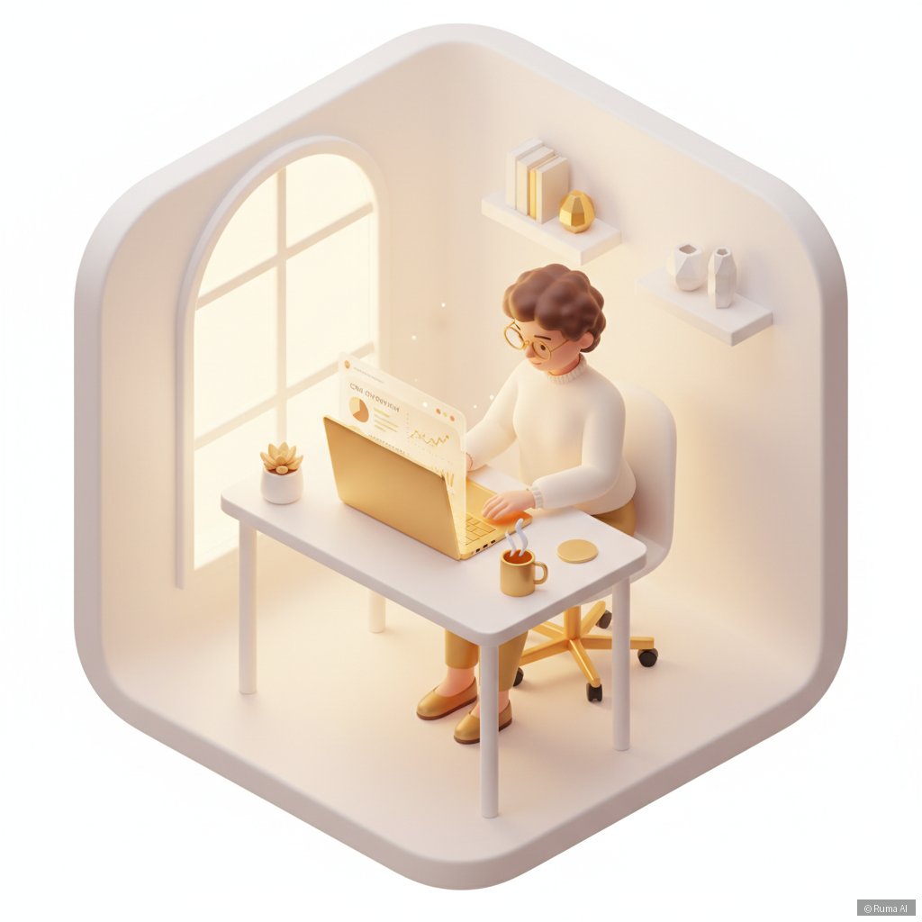 isometric 3D illustration of small business owner reviewing CRM dashboard on laptop, warm gold and white tones, clean minimal office setting