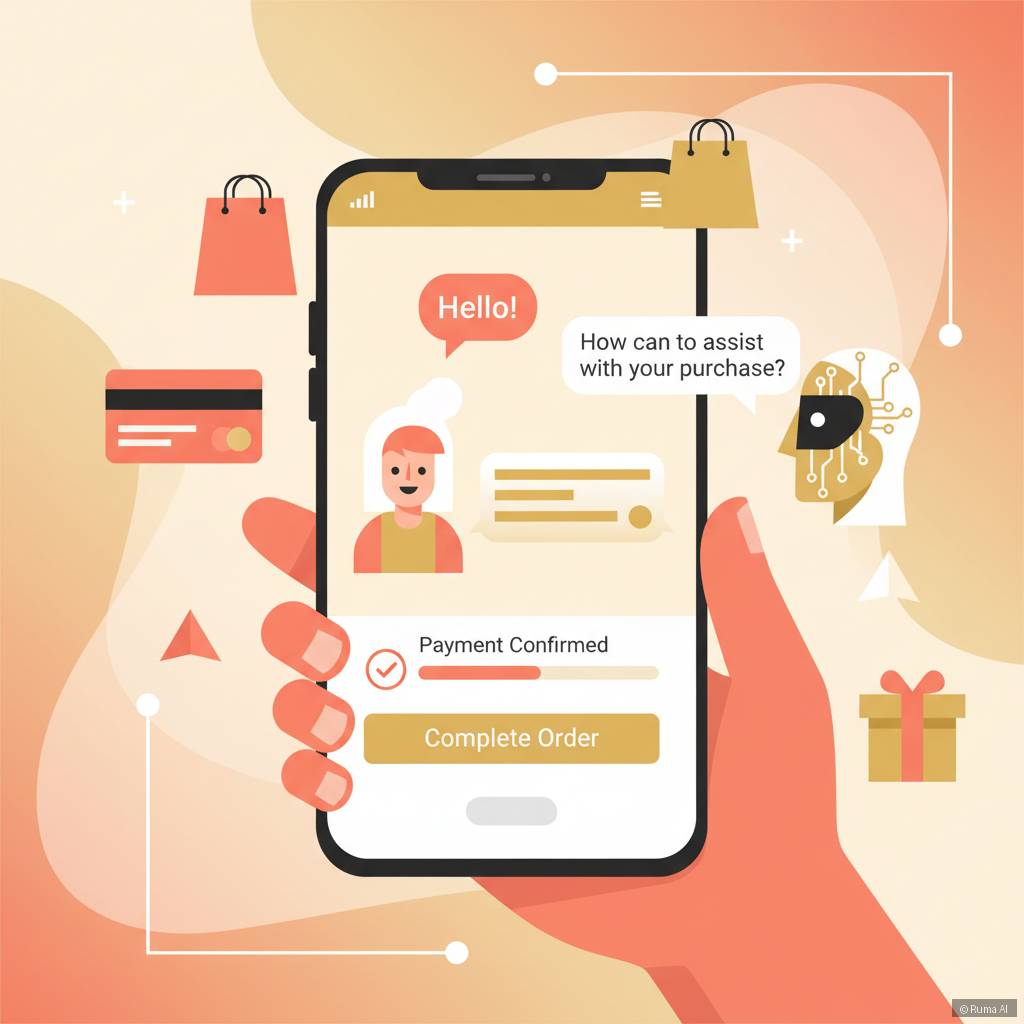 flat vector illustration of a customer chatting with an AI agent on a mobile phone while completing a purchase, warm coral and gold color palette, modern e-commerce scene