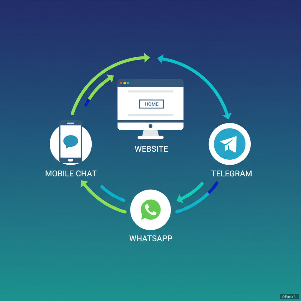flat vector illustration of a small business ecosystem showing website, mobile chat, WhatsApp and Telegram icons connected by data flows, deep blue and emerald green palette, infographic style