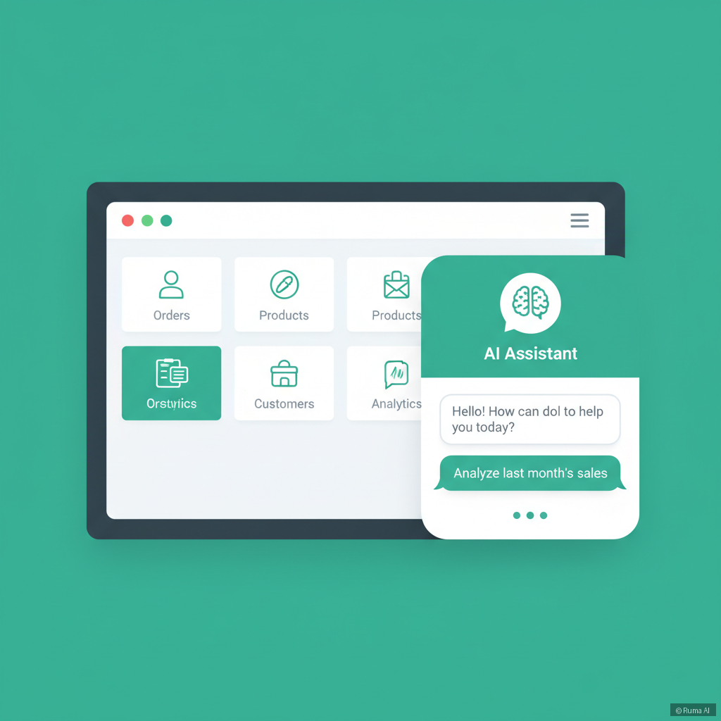flat vector illustration of WooCommerce store dashboard with AI chatbot widget active, emerald green and white color palette, clean and modern style