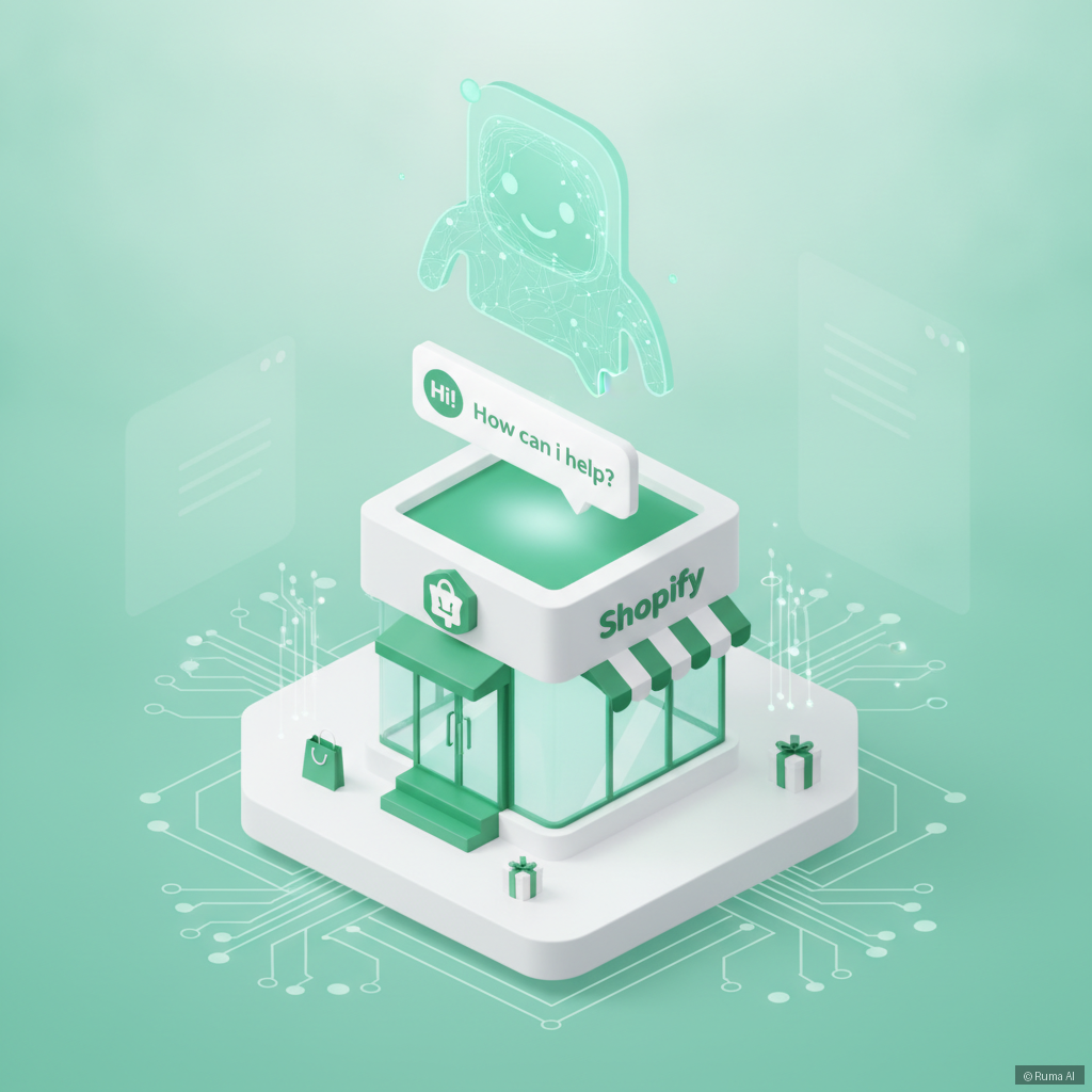 isometric 3D illustration of a small Shopify storefront with an AI chatbot floating above it, emerald green and white color palette, clean minimal design