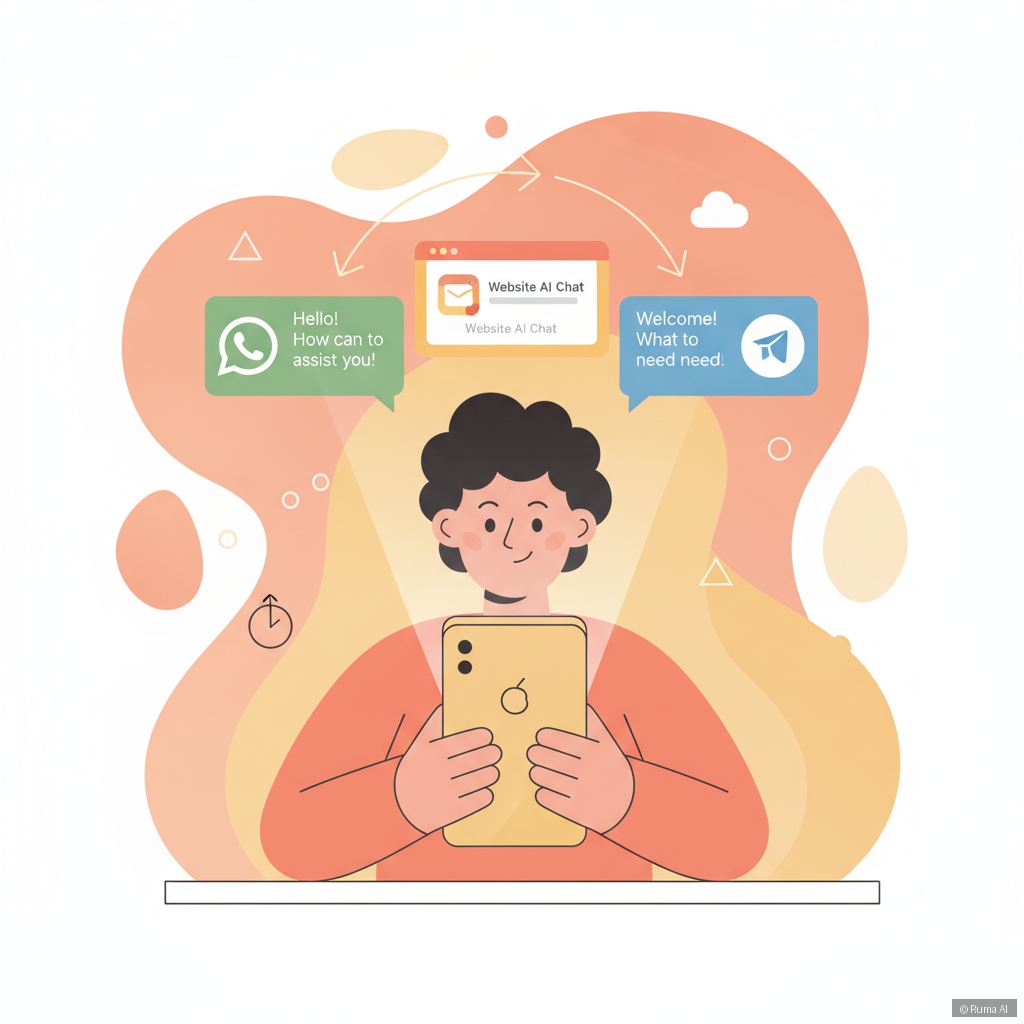 flat vector illustration of a small business owner on mobile seeing AI chat across WhatsApp, website, and Telegram simultaneously, warm coral and gold palette, modern clean design