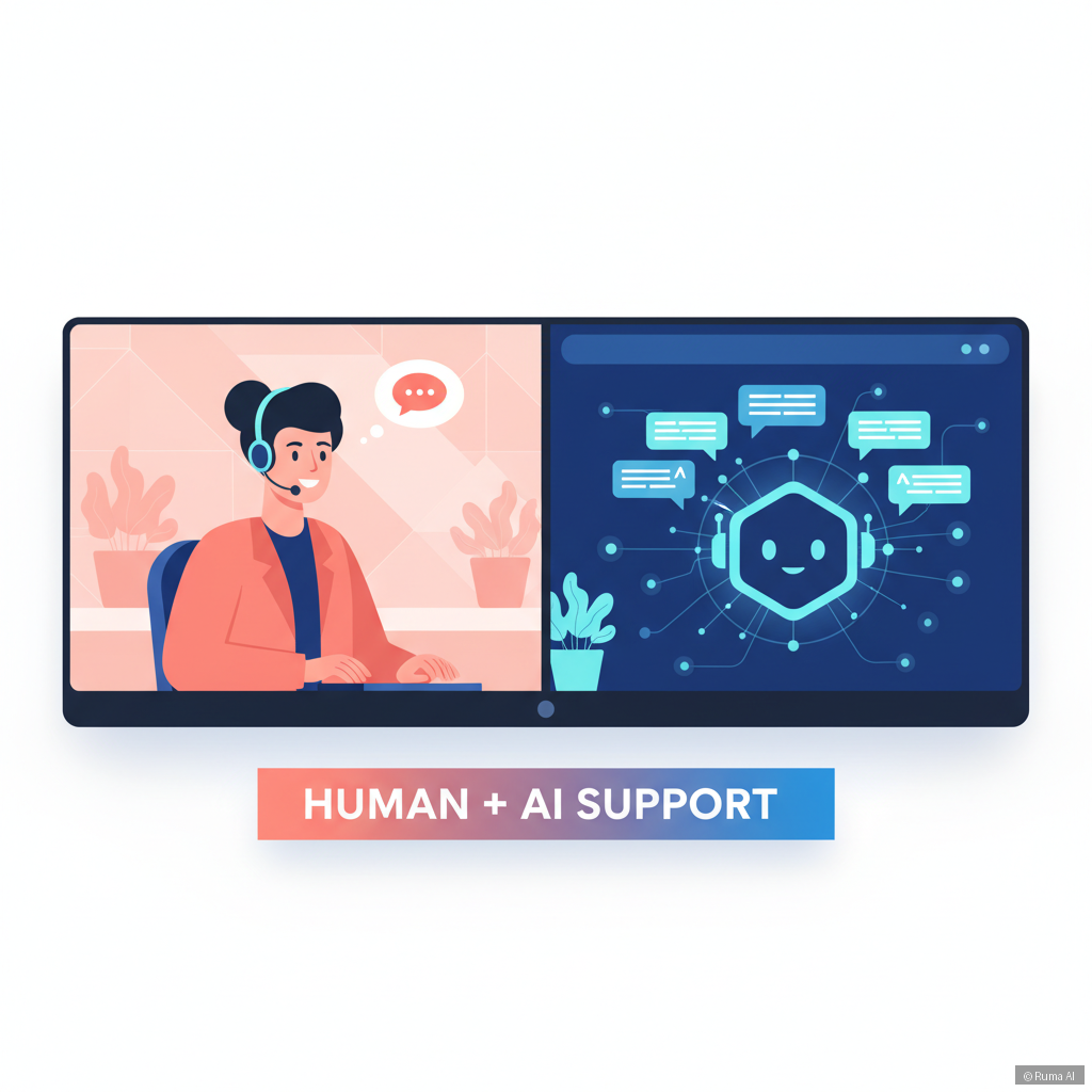flat vector illustration of a human support agent and AI chatbot working side by side on split screen, warm coral and deep blue palette, modern office setting, professional tone
