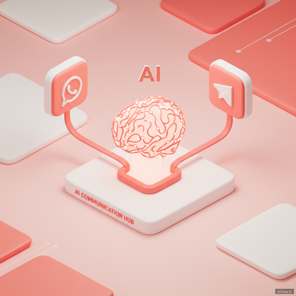 isometric 3D illustration of WhatsApp and Telegram icons connected to an AI brain, coral and white color palette, clean minimal style
