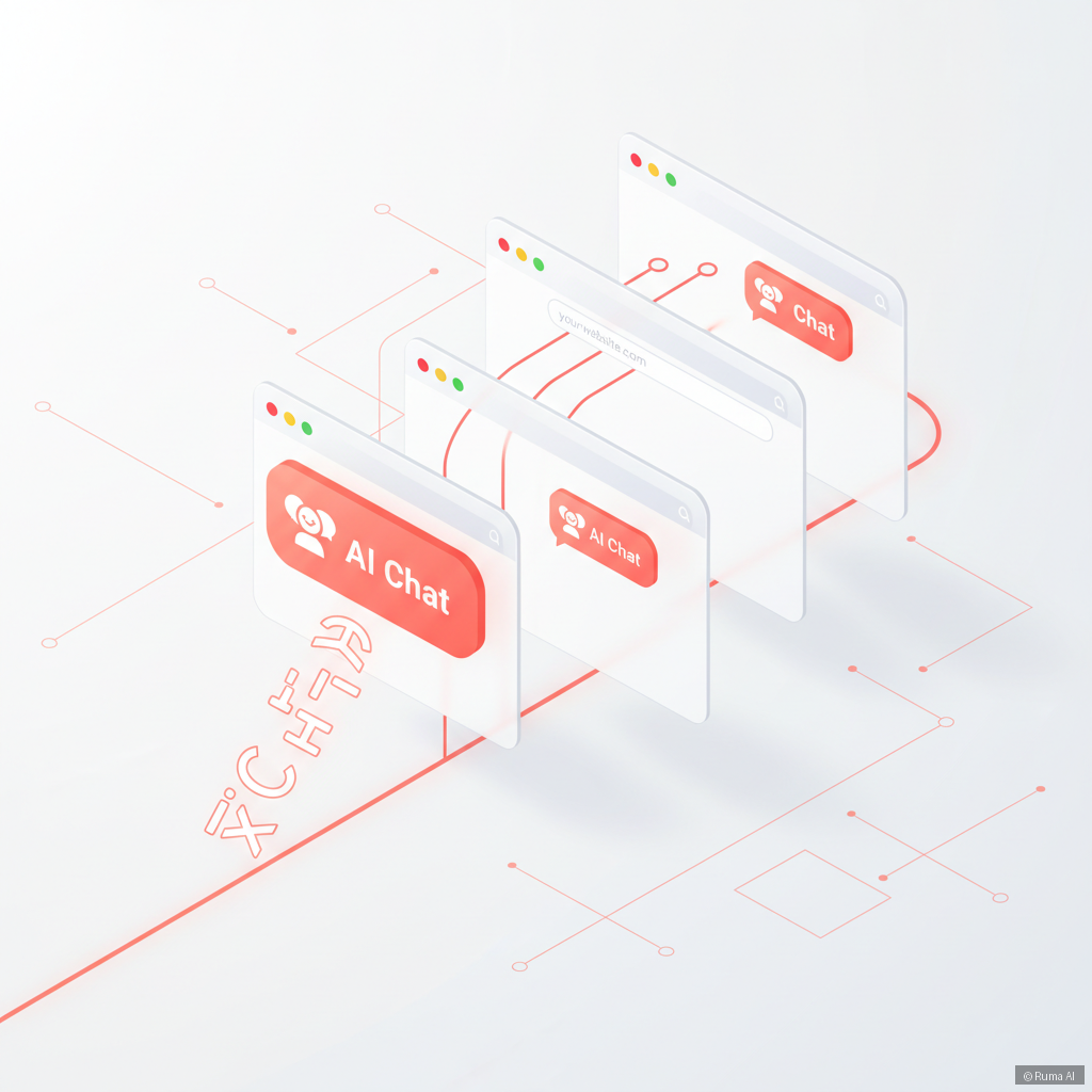 isometric 3D illustration of a single glowing line of code launching an AI chat widget across multiple browser windows, coral and white color palette, clean minimal tech aesthetic