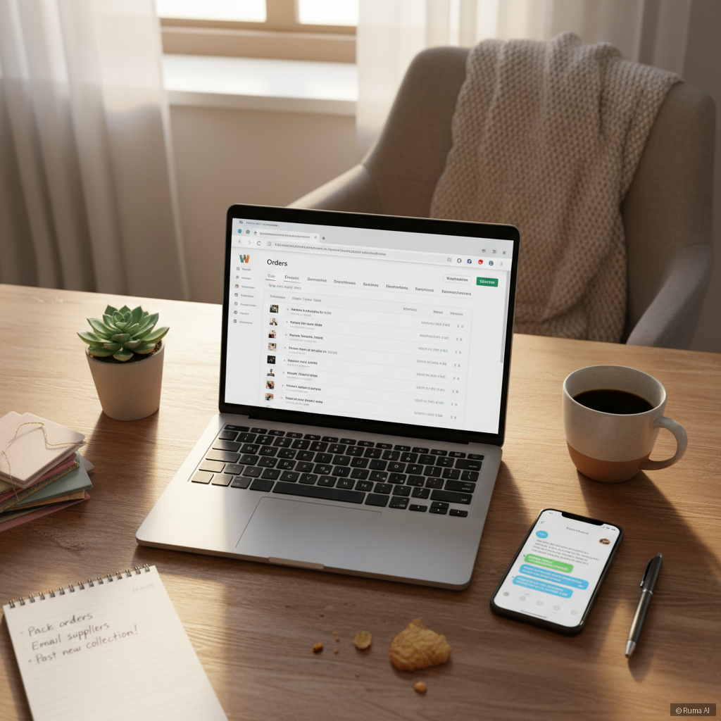photorealistic flat-lay of a small business owner's desk with a laptop showing WooCommerce orders and a phone with chat notifications, warm golden lighting, cozy home office atmosphere
