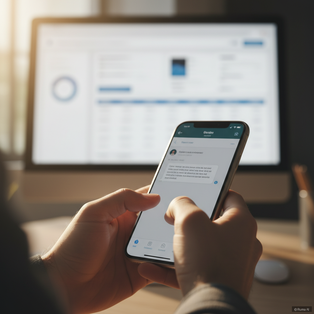 photorealistic close-up of a person's hands typing on a phone with a chat window open, warm golden lighting, blurred office background with CRM dashboard visible on a monitor