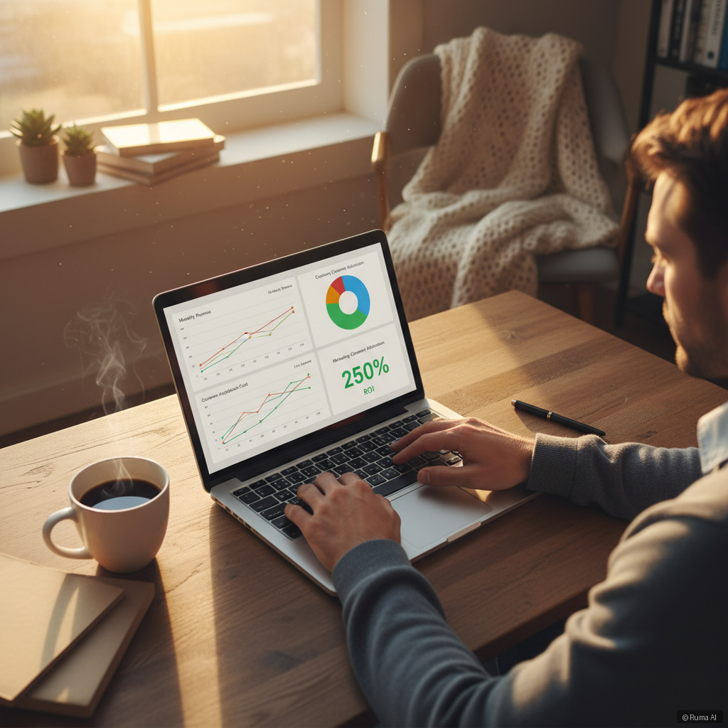photorealistic overhead shot of small business owner reviewing ROI dashboard on MacBook, warm golden lighting, coffee cup beside laptop, cozy office atmosphere