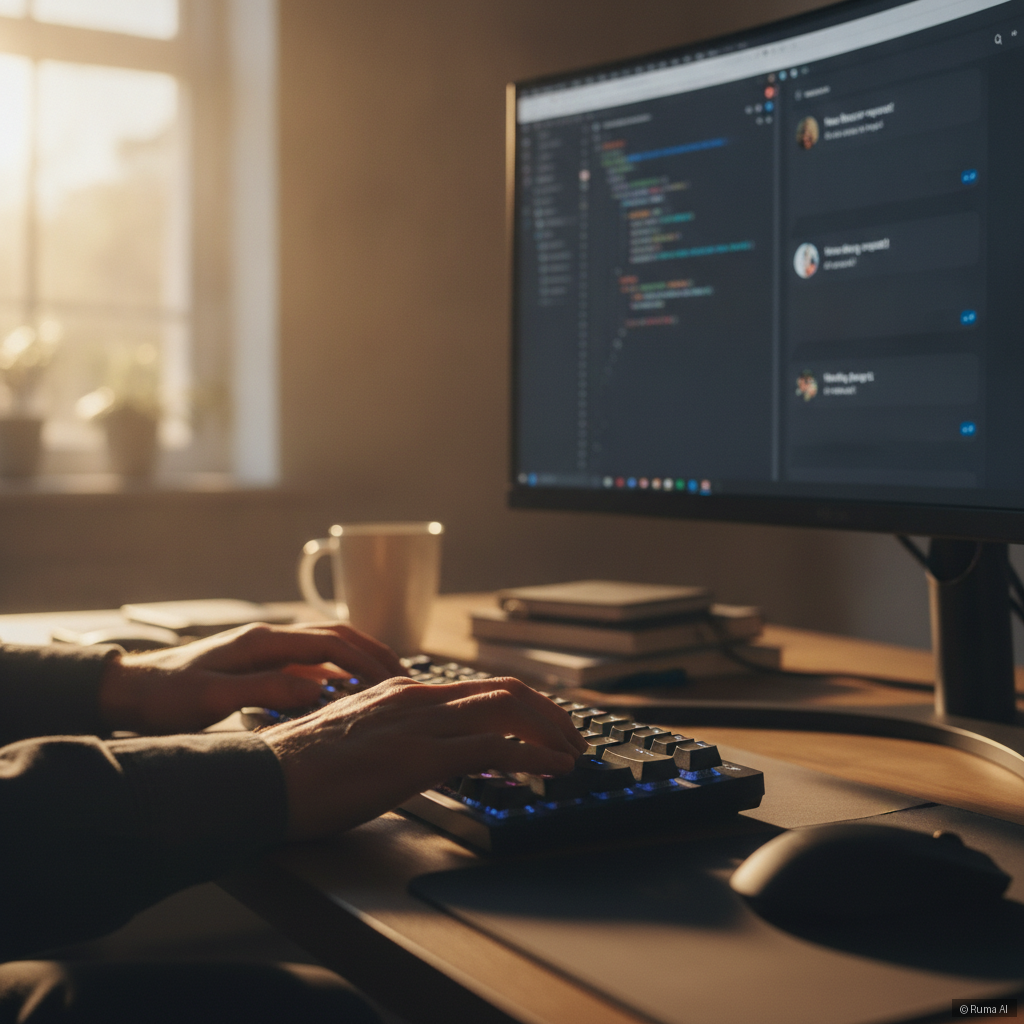 photorealistic close-up of a developer's hands typing on a keyboard with a chat widget appearing on a monitor in the background, warm golden hour lighting, shallow depth of field