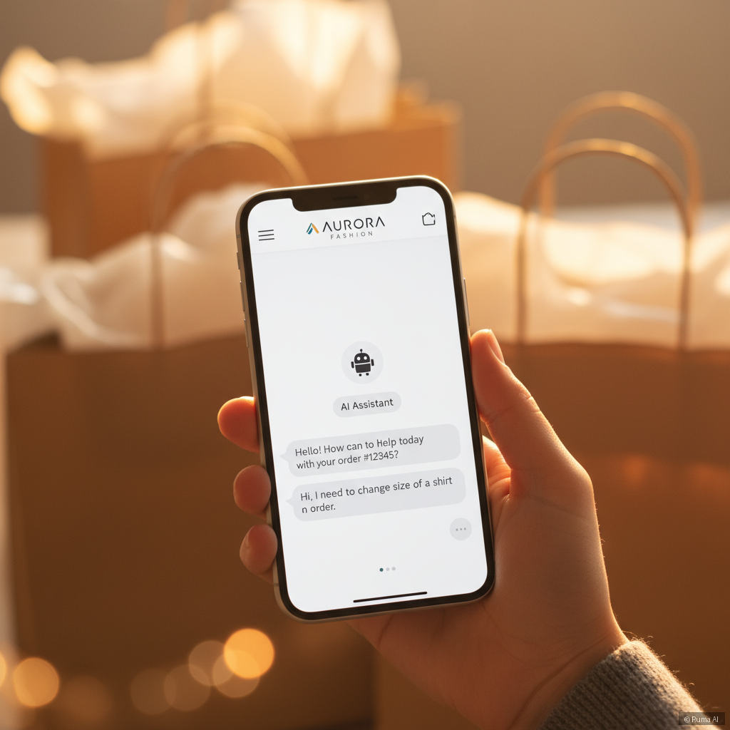 photorealistic hand holding a phone showing a live AI customer support chat for an online store, warm golden lighting, soft bokeh background with shopping bags out of focus