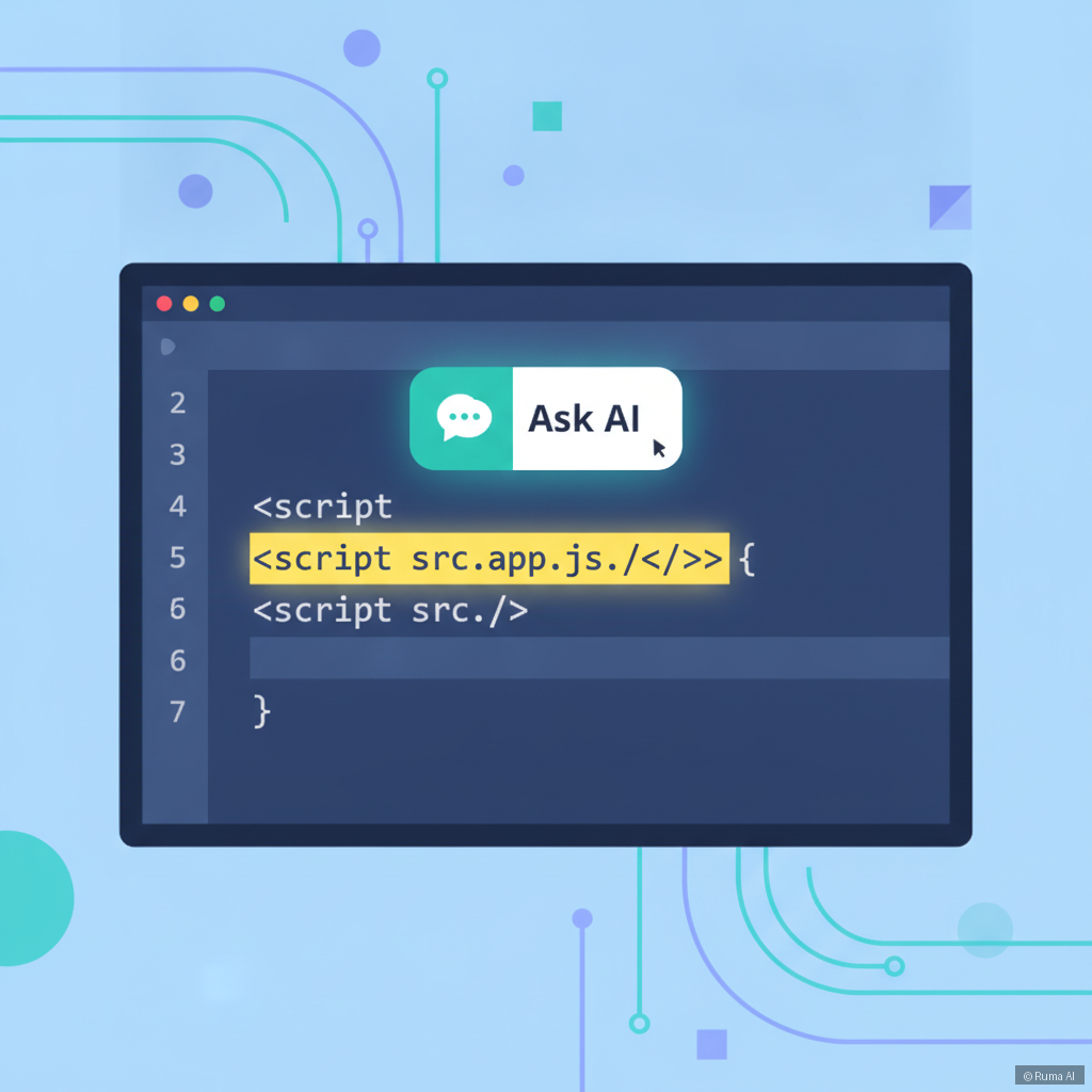 flat vector illustration of a website code editor with a single highlighted script tag, AI chat widget floating above in emerald green and white, abstract data flow lines in the background