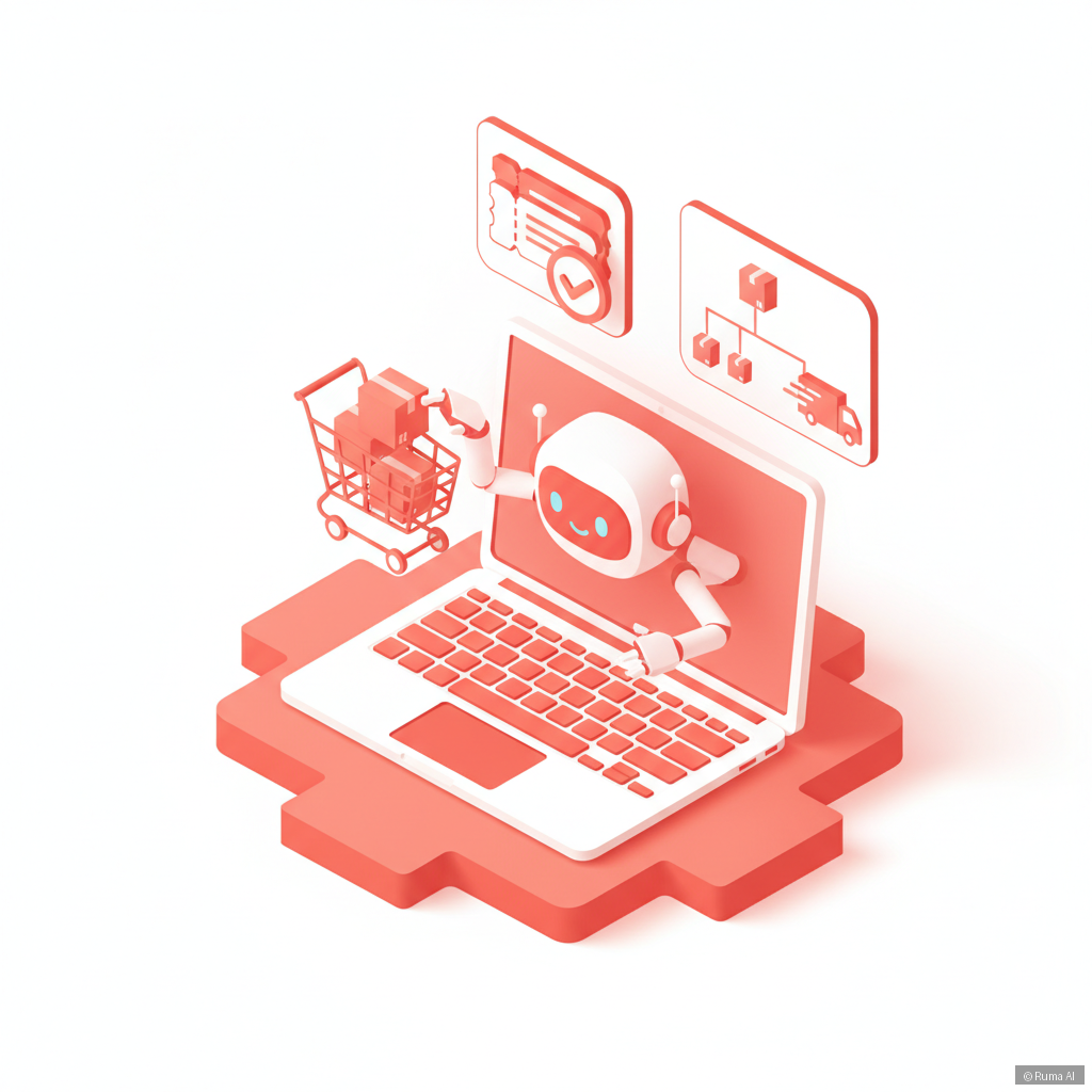 isometric 3D illustration of AI agent managing shopping cart, coupons, and order tracking on a laptop screen, coral and white color palette, clean minimal style