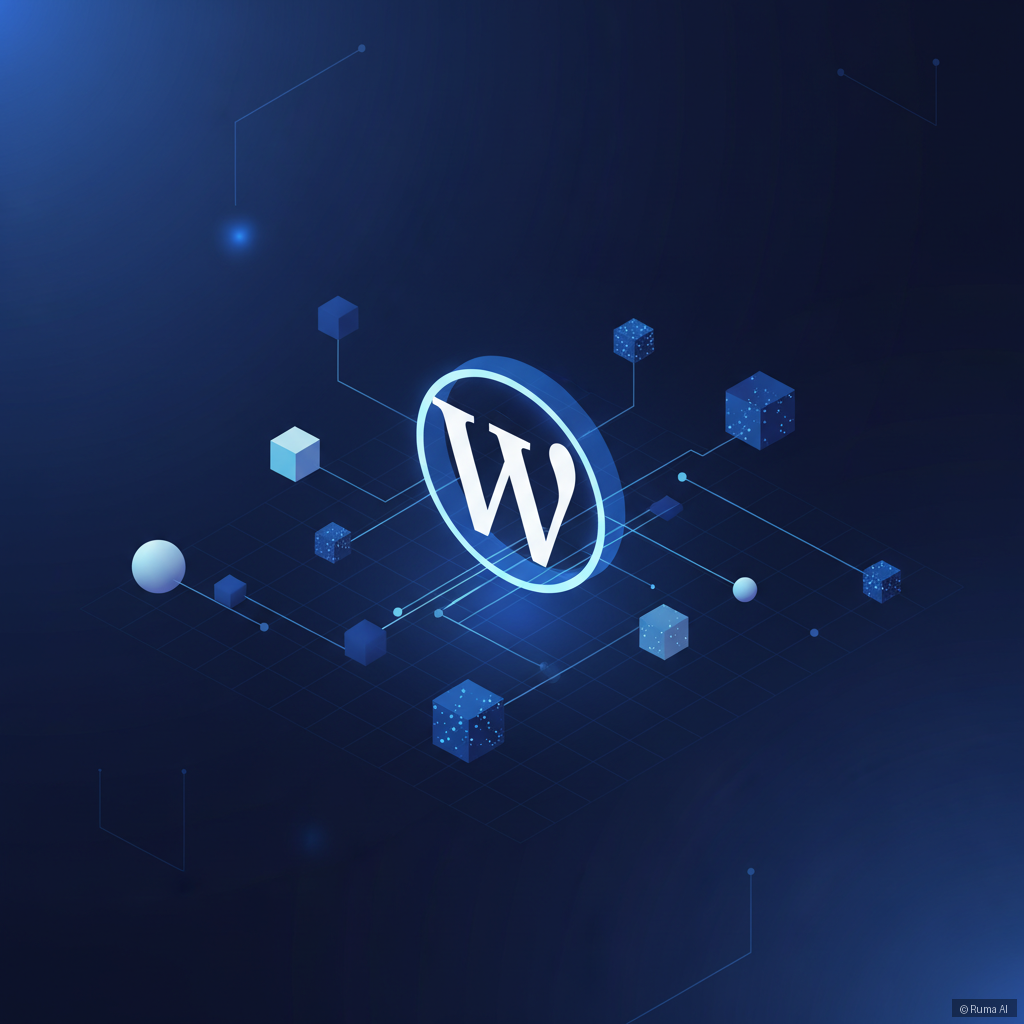 isometric 3D illustration of WordPress logo connected to AI neural network nodes, deep blue and white color palette, clean minimal tech style