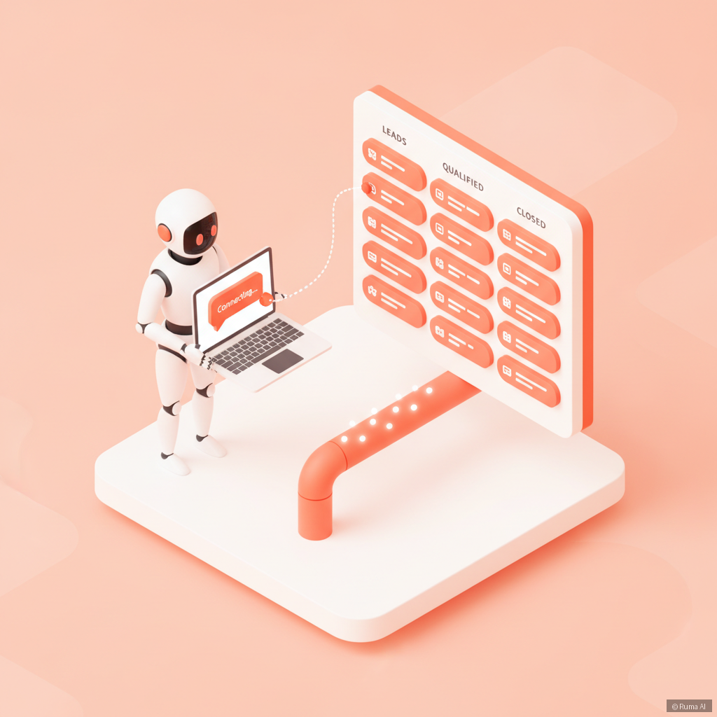 isometric 3D illustration of AI agent connecting laptop chat to CRM pipeline dashboard, coral and white colors, minimal clean design