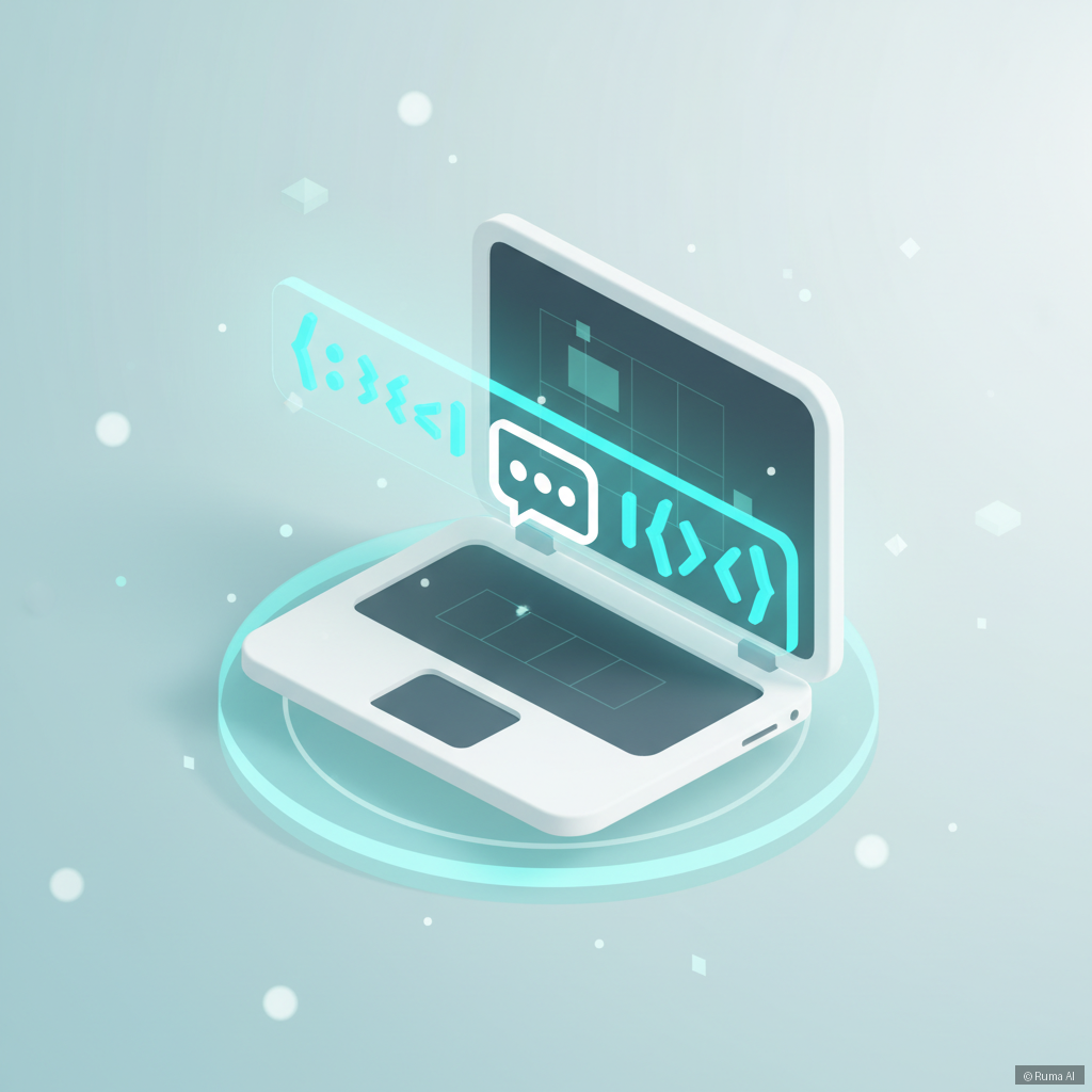 isometric 3D illustration of a single line of glowing code floating above a laptop screen, embedding a chat widget, teal and white color palette, clean minimal tech aesthetic