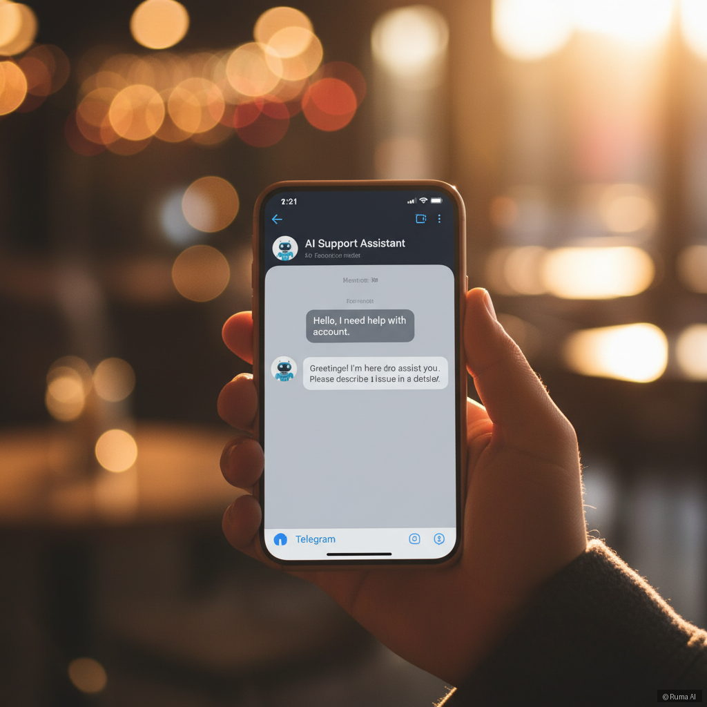 photorealistic hand holding a phone with a Telegram chat open showing an AI customer support conversation, warm golden lighting, shallow depth of field bokeh background