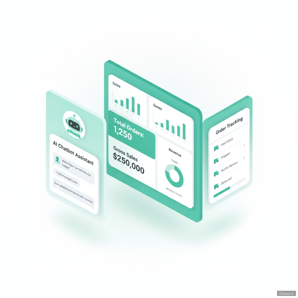 isometric 3D illustration of a WooCommerce store dashboard with AI chatbot and order tracking panels, emerald green and white color palette, clean modern style