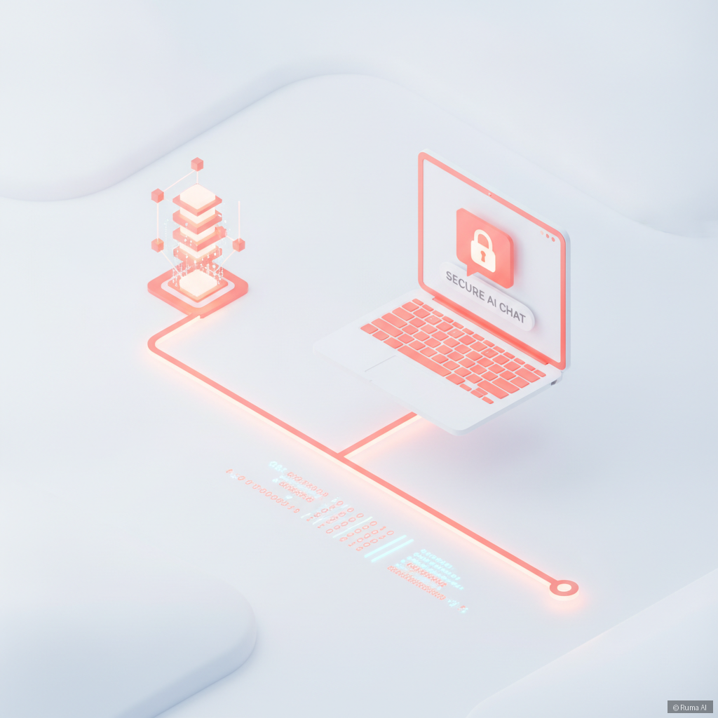 isometric 3D illustration of a single glowing line of code connecting to a secure AI chatbot on a laptop screen, coral and white minimal design, clean tech aesthetic