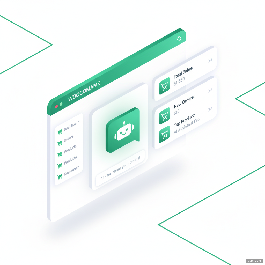 isometric 3D illustration of AI chatbot integrated into a WooCommerce store dashboard, emerald green and white color palette, clean minimal style with shopping cart icons