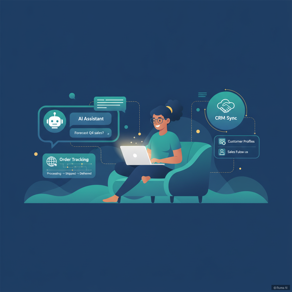 flat vector illustration of a small business owner on laptop with AI chat bubbles, order tracking, and CRM sync flowing around them, deep blue and emerald green palette, wide composition